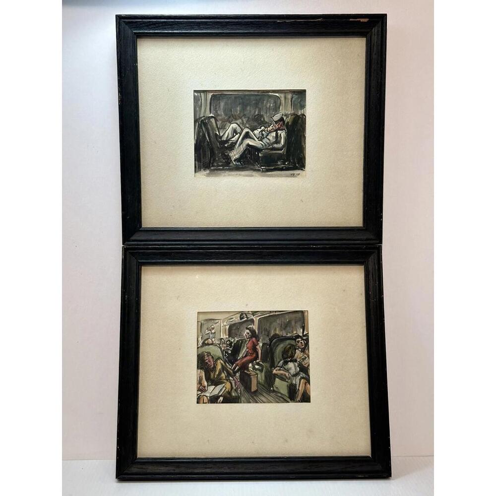 2-Vtg WW II Era 1944 USNR Navy Signed Paintings Gay Sailors Women Train Scene